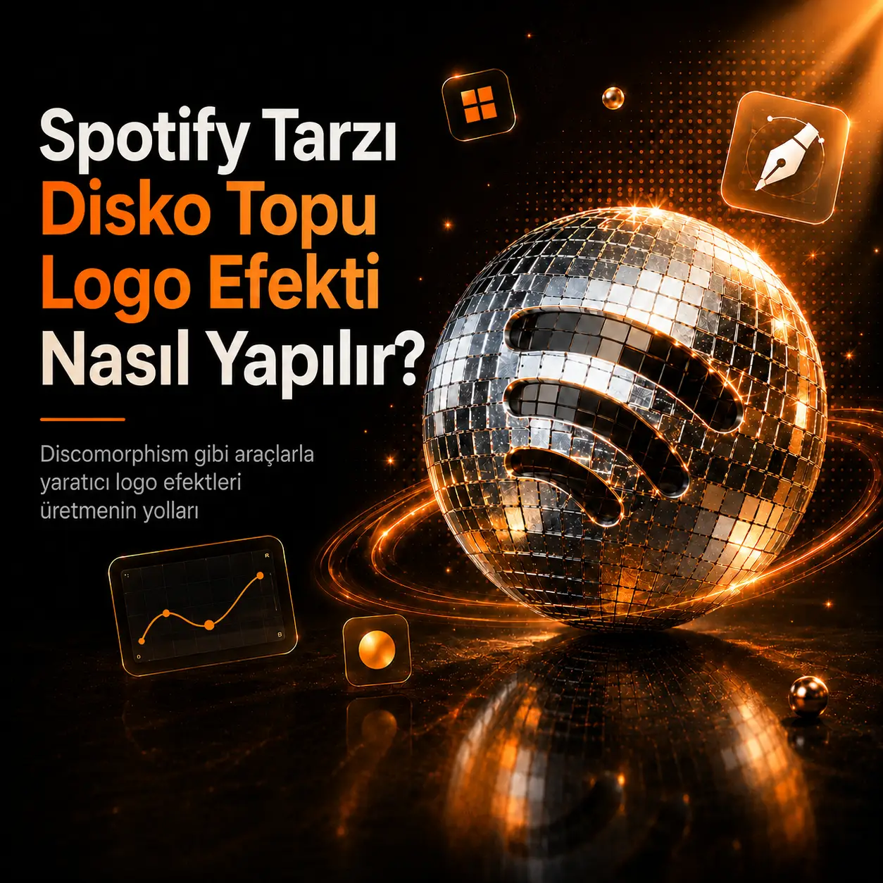 Spotify tarzı yuvarlak ikon estetiğinden ilham alan gümüş disko topu logo efekti